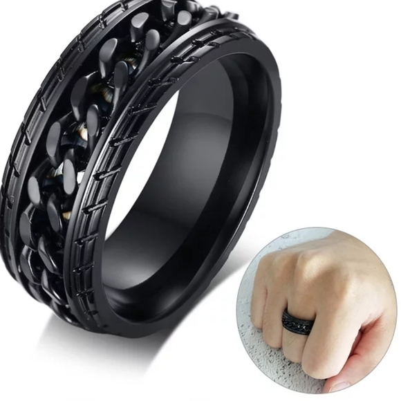 Black Stainless Steel Tire Texture Spinner Anxiety Fidget Ring - Picture 6 of 6